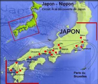 L’itinéraire de notre circuit Japon : Paris - Fukuoka - Nagasaki - Fukuoka - Aso - Kumamoto - Hiroshima - Okayama - Kyoto- Arashiyama - Kyoto - Nara - Kyoto - Himeji - Kobe - Osaka - Kobe - Nagoya - Gifu - Nagoya - Tokyo - Nikko - Tokio - Kamakura - Fuji-Hakone-Nationalpark - Tokyo - Paris